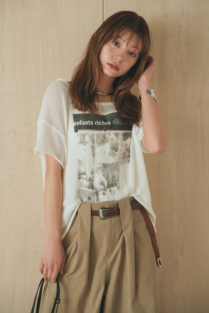 [SET]半袖モノトーングラフィックトップス+ベルトループデザインハイウエストタックパンツ(2set)