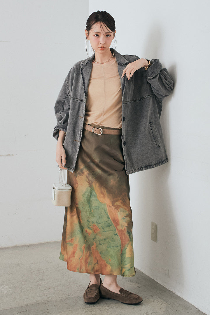 [SET]オーバーデニムジャケット+ニュアンス柄サテンスカート(2set)