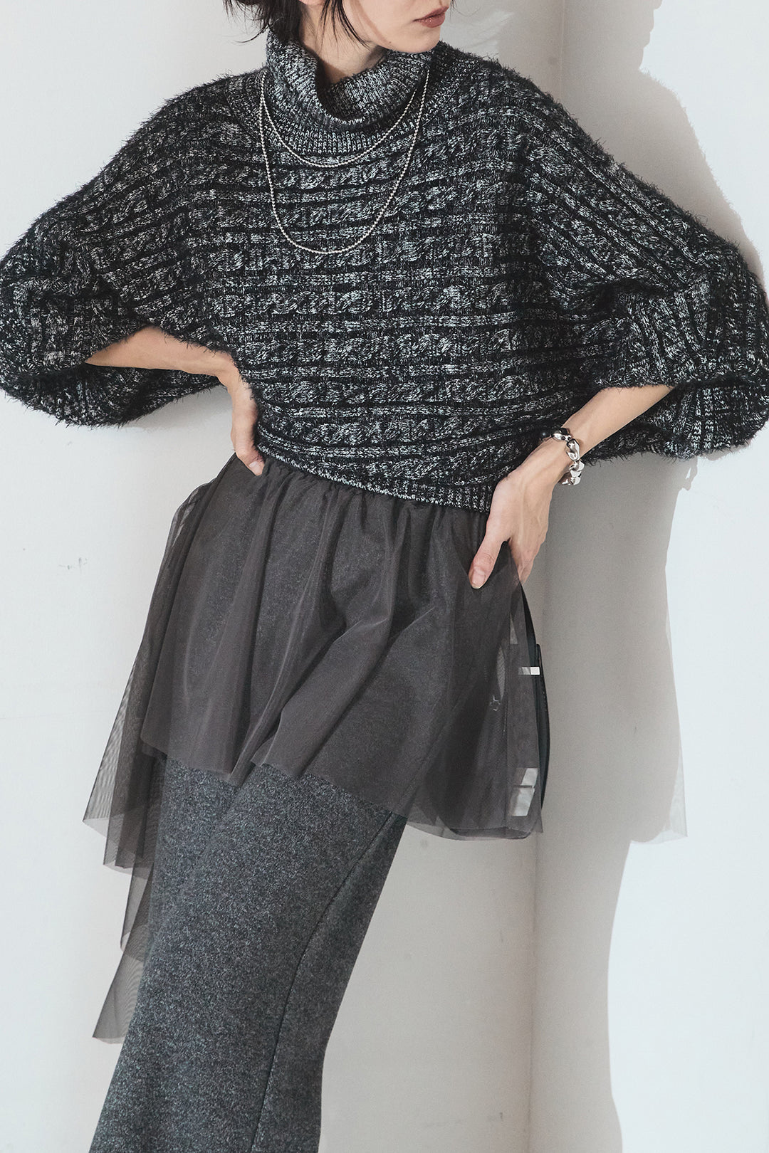 [SET]ミックス編みドルマンニットトップス+チュールレイヤードニットパンツ(2set)