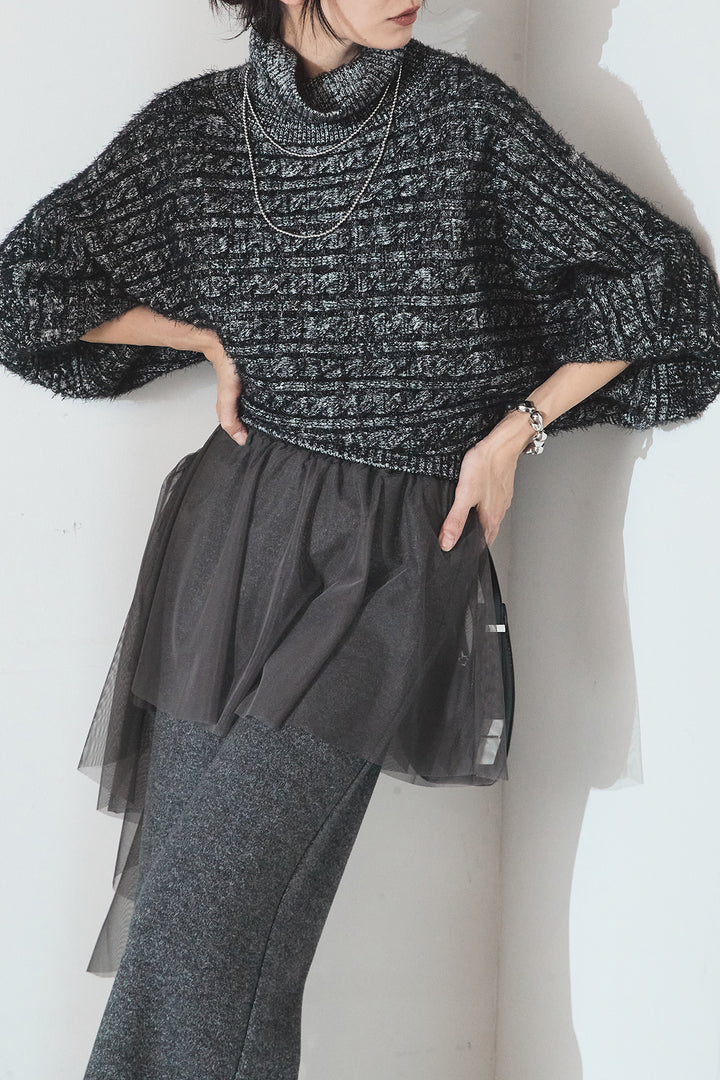 [SET]ミックス編みドルマンニットトップス+チュールレイヤードニットパンツ(2set)