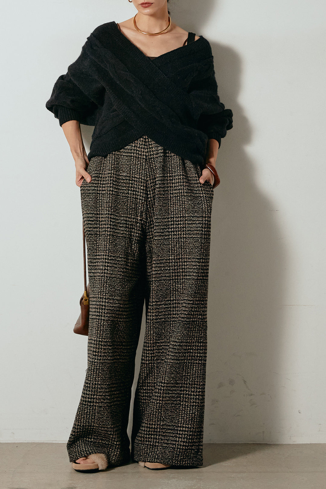 [SET]ケーブルカシュクールニットトップス+前後2wayグレンチェック柄スカーチョサロペット(2set)