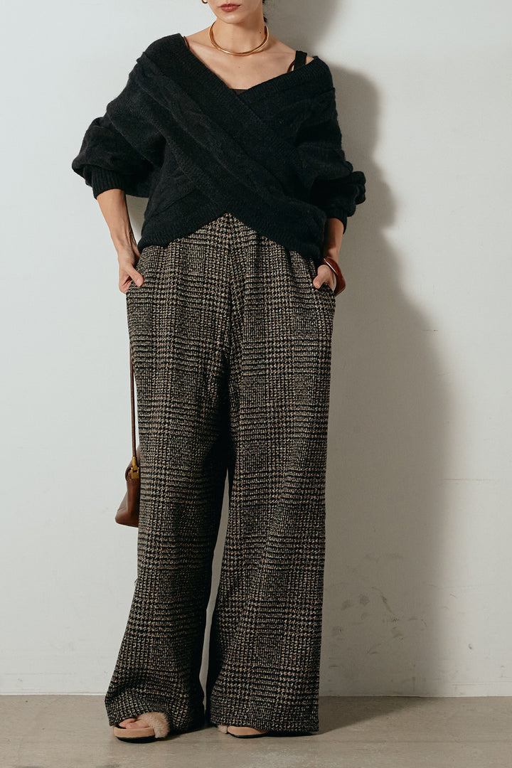 [SET]ケーブルカシュクールニットトップス+前後2wayグレンチェック柄スカーチョサロペット(2set)