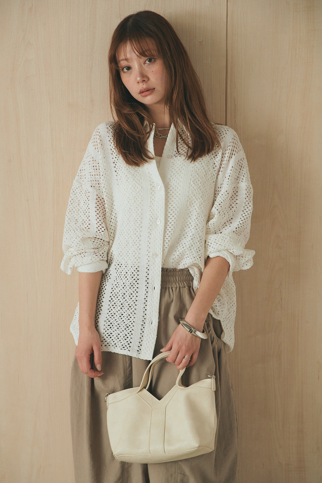 [SET]長袖襟付きレースシャツ+ポケットタックフォルムパンツ(2set)