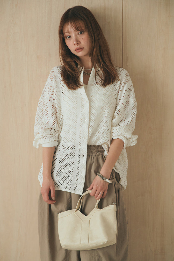 [SET]長袖襟付きレースシャツ+ポケットタックフォルムパンツ(2set)