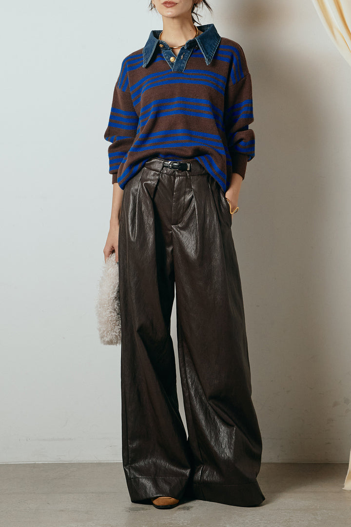 [SET]デニムレイヤード風ランダムボーダーニットプルオーバー+ベルト付きレザーライクタックパンツ(2set)