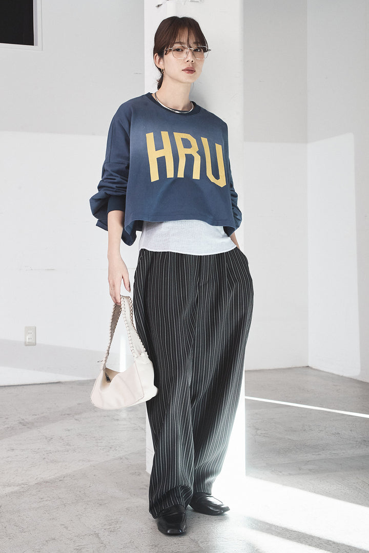 [SET]ビッグロゴHRU袖ボリュームトップス+ヘリンボーンストライプツータックパンツ(2set)