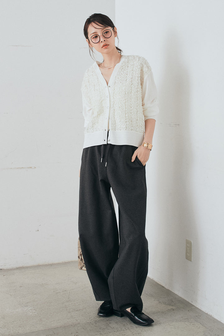 [SET]モコレースVネックカーディガン+カットダンボールウエストフリルカーブパンツ(2set)