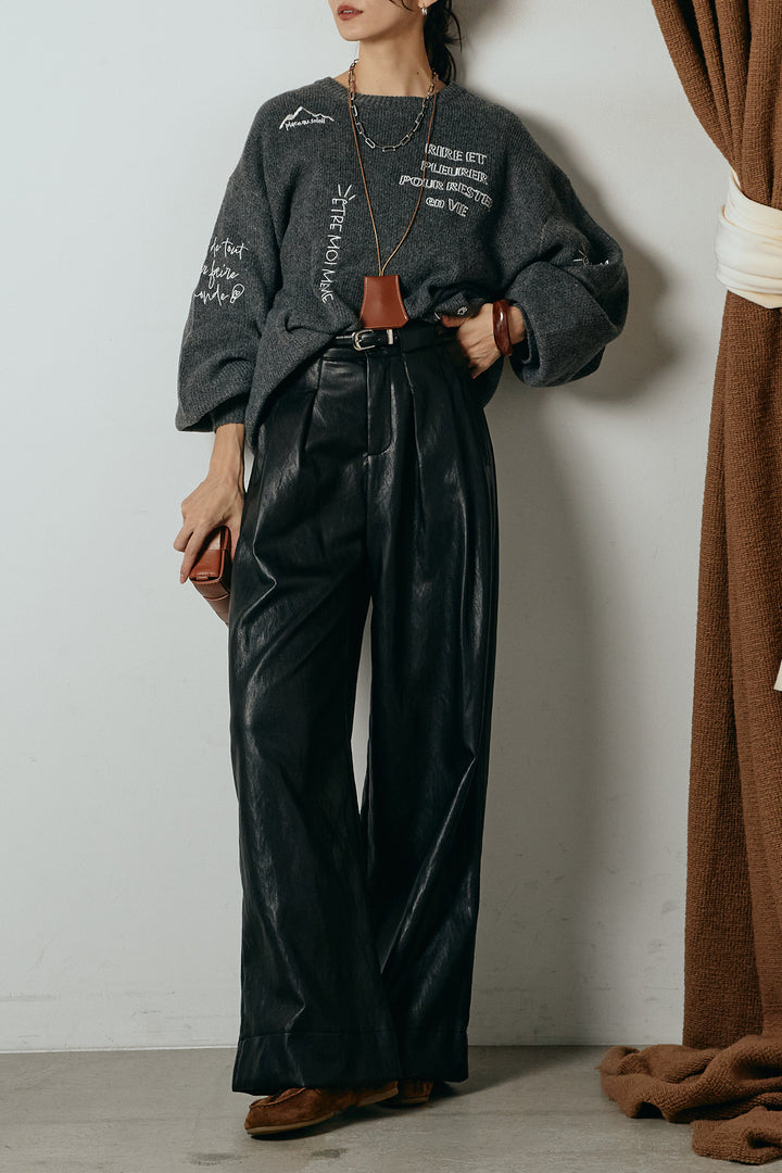 [SET]刺繍ロゴランダムデザインニットトップス+ベルト付きレザーライクタックパンツ(2set)