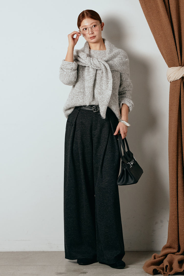 [SET]スカーフ付きミックスニットトップス+細ベルト付き起毛タックワイドパンツ(2set)