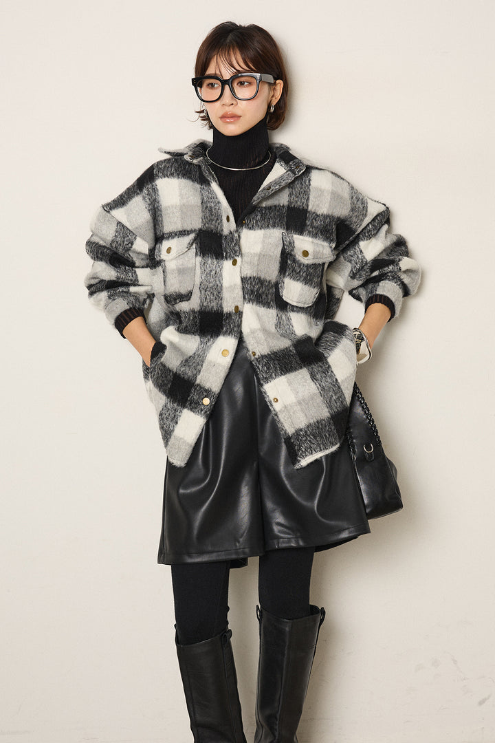[SET]起毛チェック柄ポケットアウター+ストレッチエコレザーバミューダパンツ(2set)