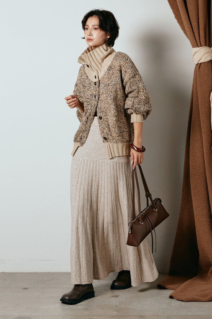 [SET]ハイネックミックスニットカーディガン+編み地切り替えフレアニットスカート(2set)