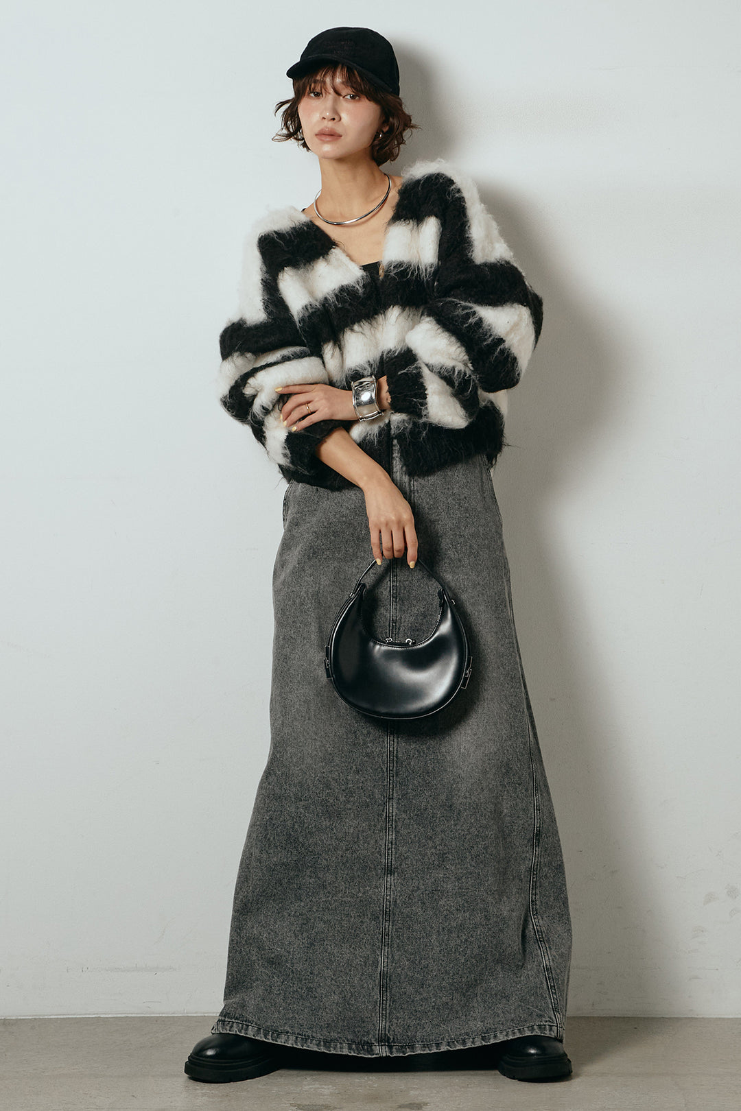 [SET]シャギーボーダー柄ニットカーディガン+デニムロングフレアスカート(2set)