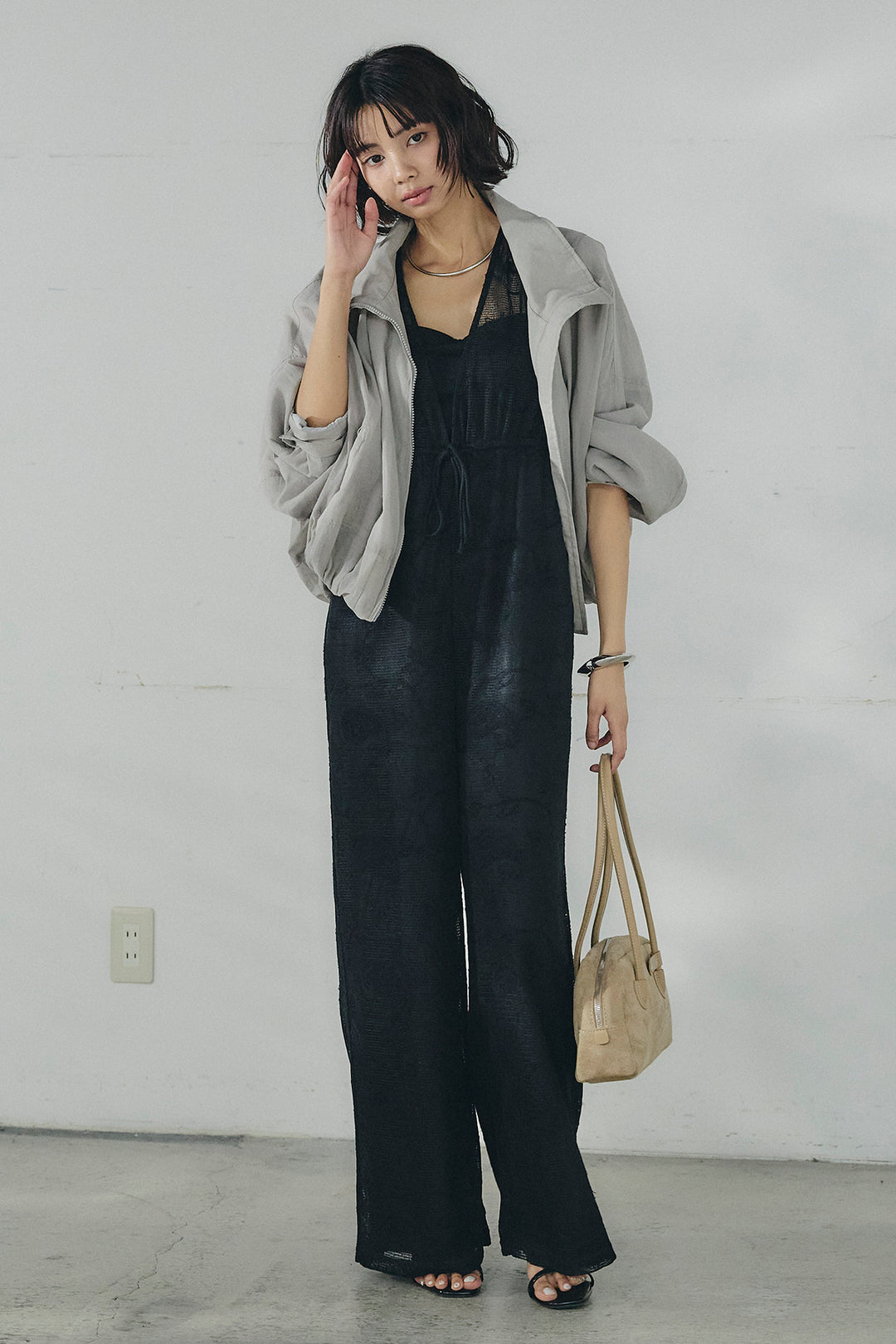 [SET]スタンドネックシアーブルゾン+レースサロペット(2set)