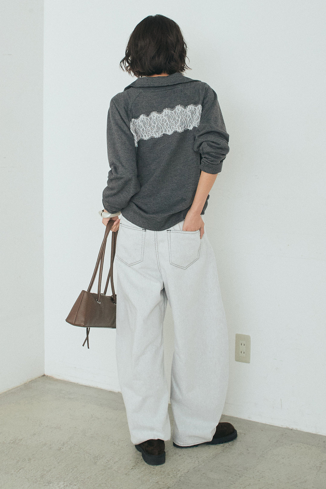 [SET]リバーレースハーフジップ裏毛スウェット+ツイル配色ステッチバレルパンツ(2set)