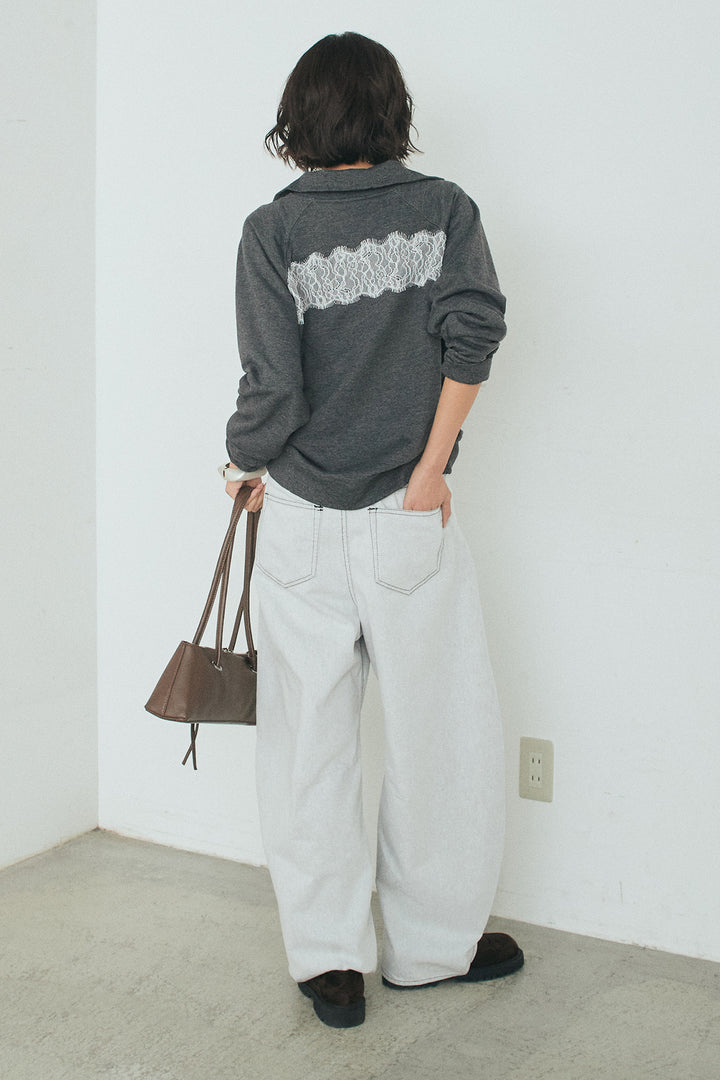 [SET]リバーレースハーフジップ裏毛スウェット+ツイル配色ステッチバレルパンツ(2set)
