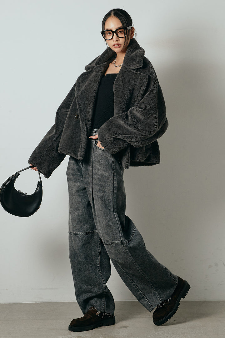 【2月中旬発送】
[SET]テディボアショートジャケット+加工デニムタックコクーンワイドパンツ(2set)