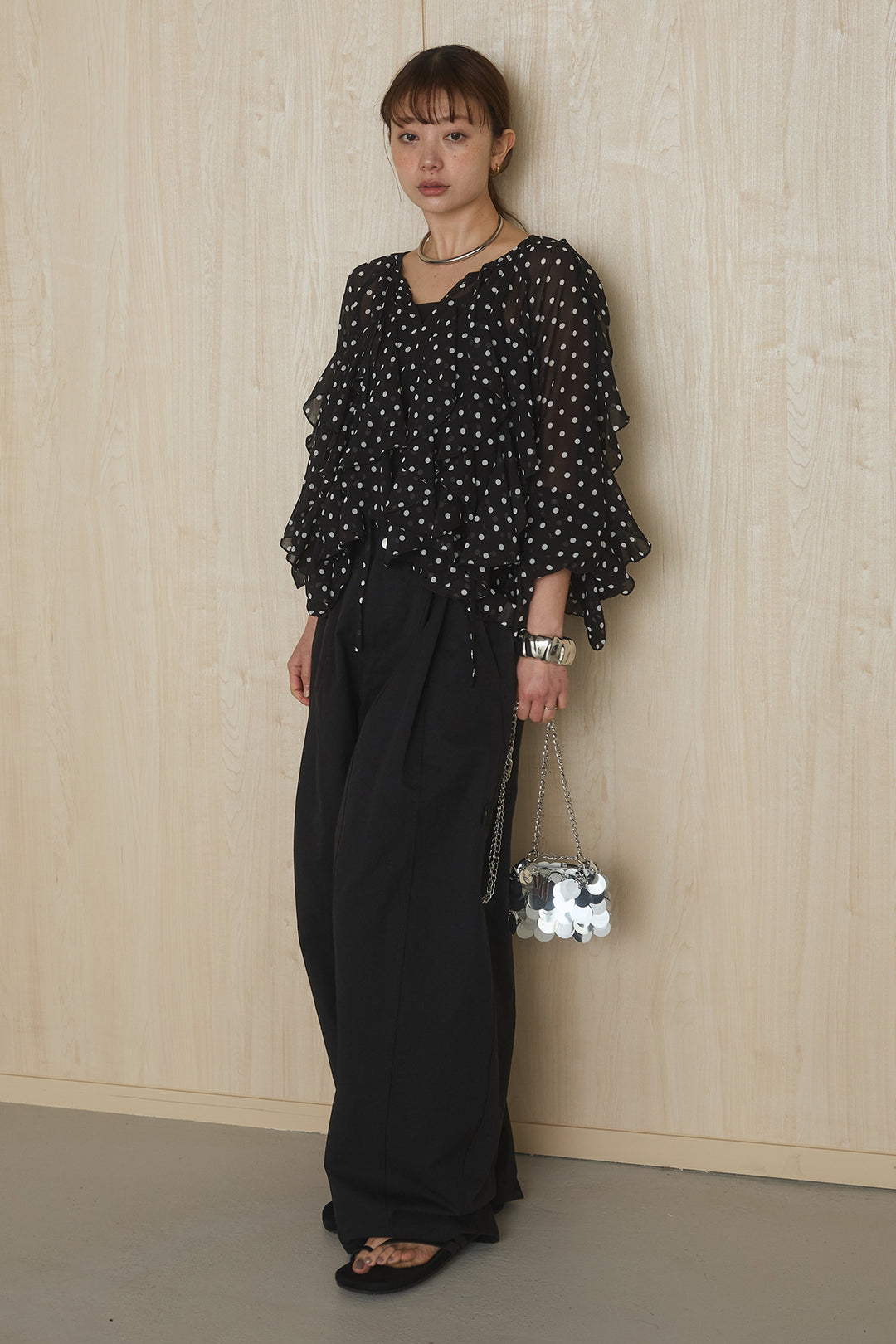 [SET]ドットフリル長袖ブラウス+コットンポリツータックセンターシームカーブパンツ(2set)
