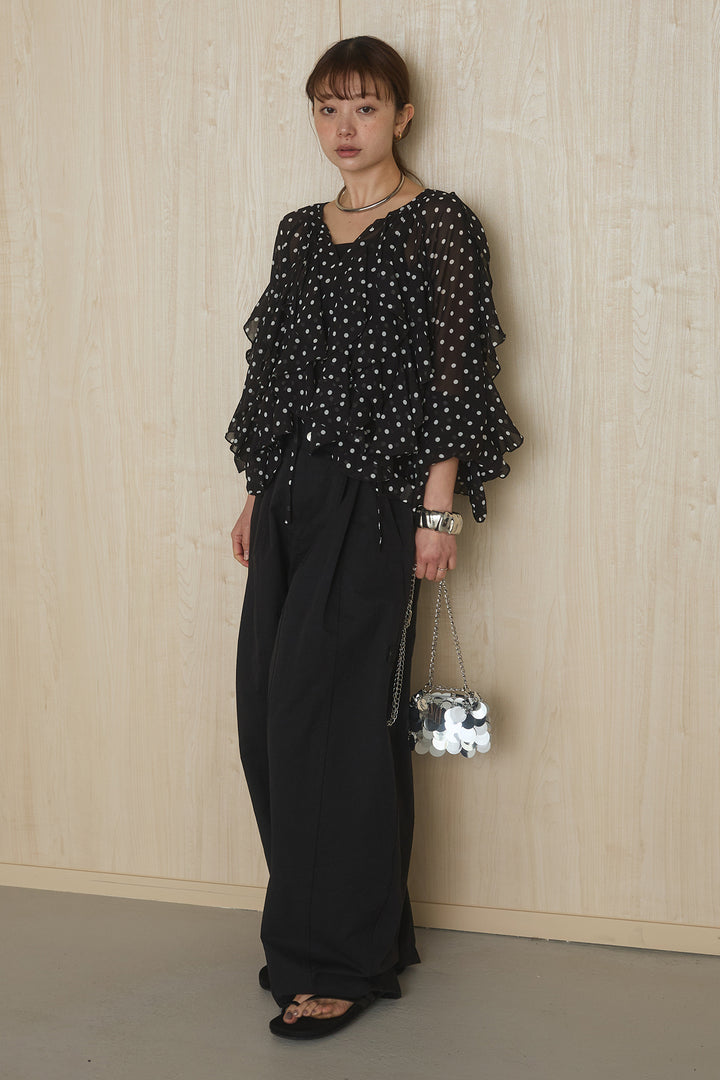 [SET]ドットフリル長袖ブラウス+コットンポリツータックセンターシームカーブパンツ(2set)