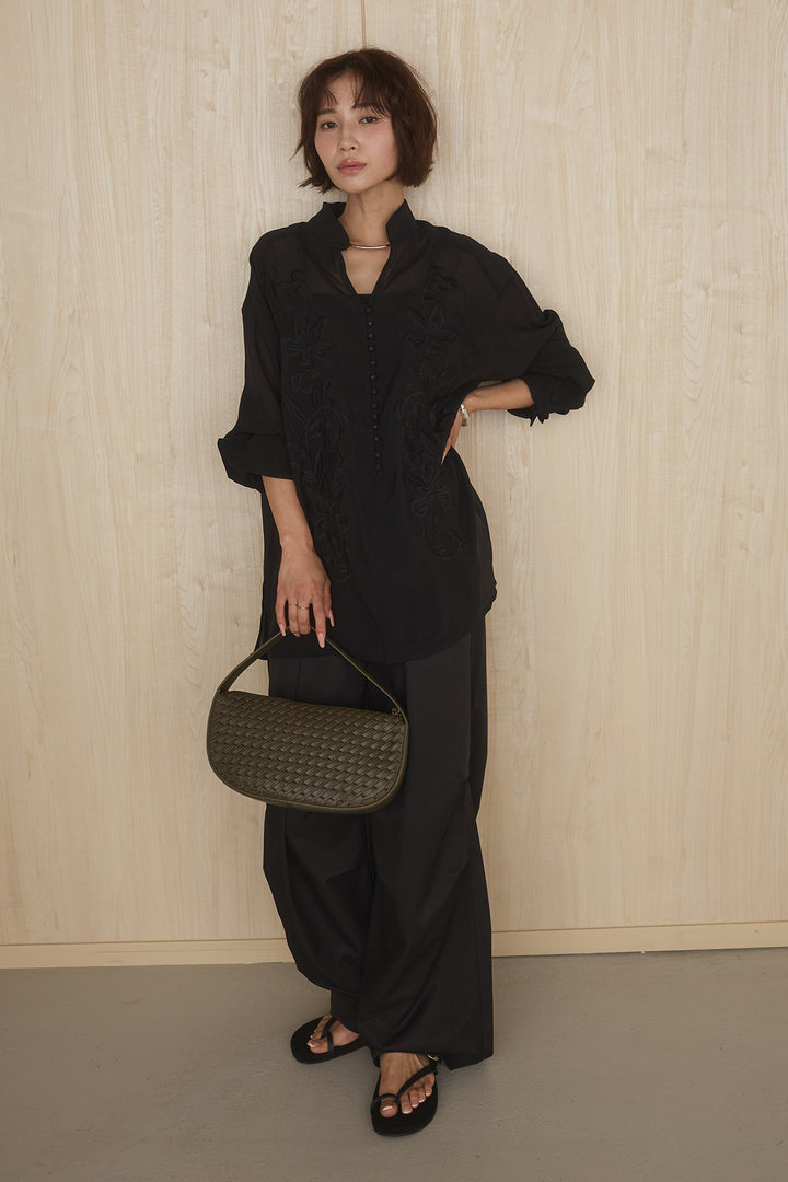 [SET]フロントボタンニュアンス柄ブラウス+ニーサイドタックウエストドロストパンツ(2set)