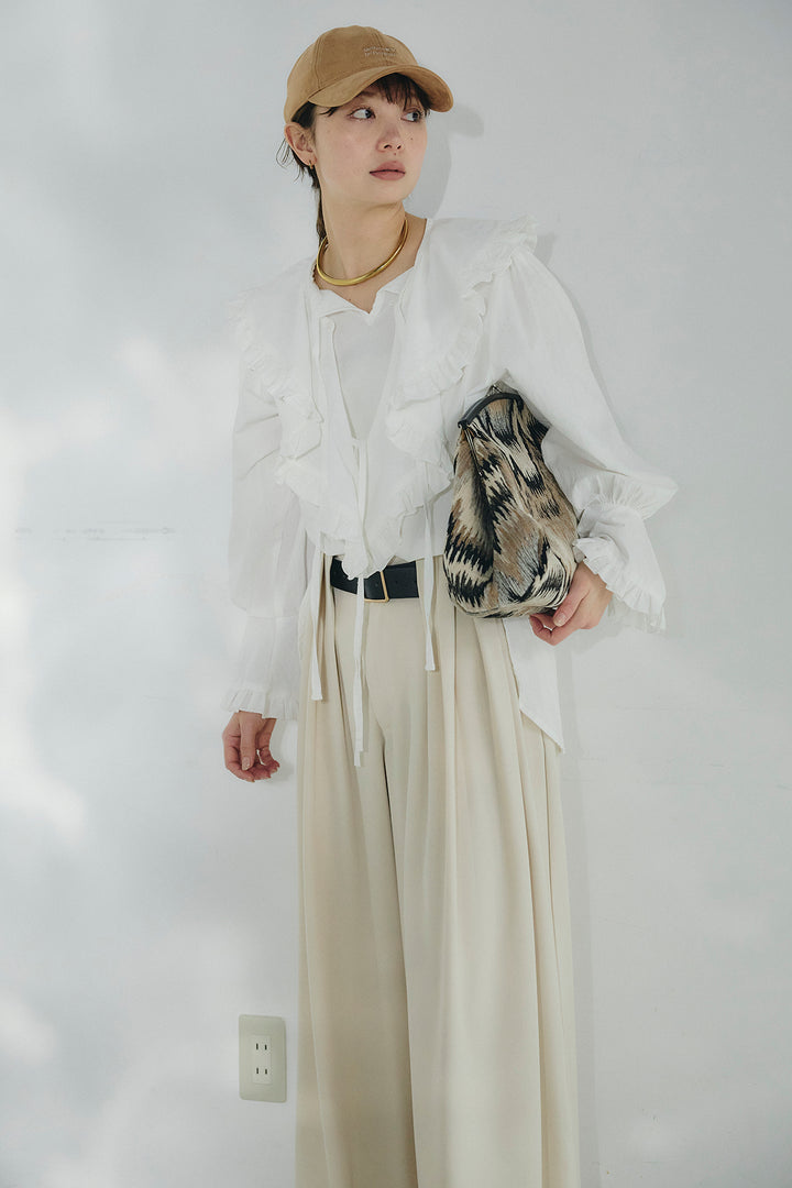 [SET]コットンフリルブラウス+ベルト付きタックデザインハイウエストロングパンツ(2set)