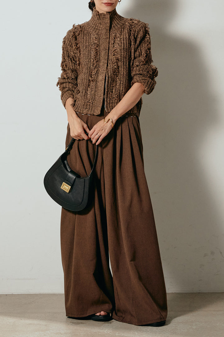 [SET]ハイネックフリンジジップニットトップス+ウエストステッチデザインワイドスラックス(2set)
