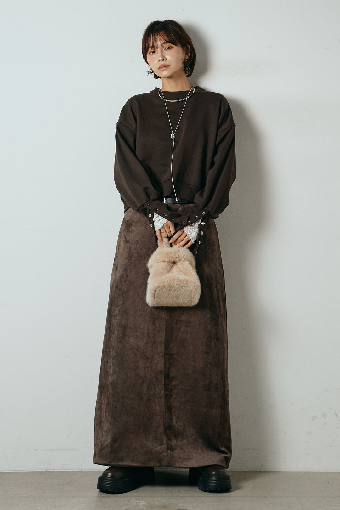 [SET]裏毛バックオープンプルオーバー+エコスウェードワイドスカート(2set)