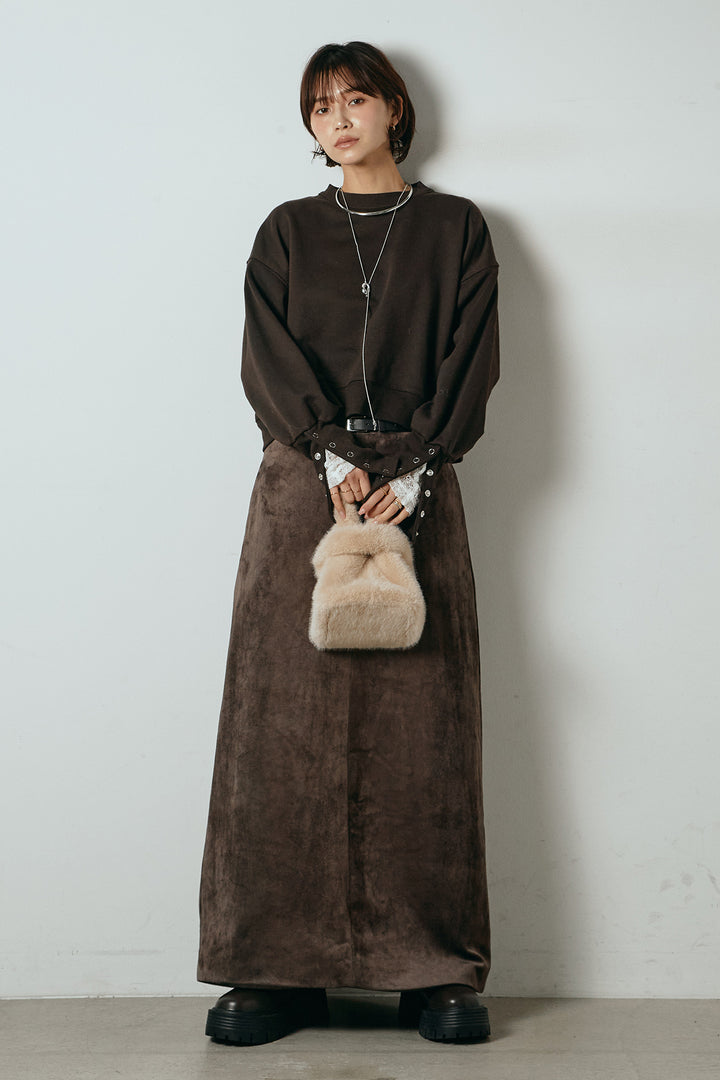 [SET]裏毛バックオープンプルオーバー+エコスウェードワイドスカート(2set)