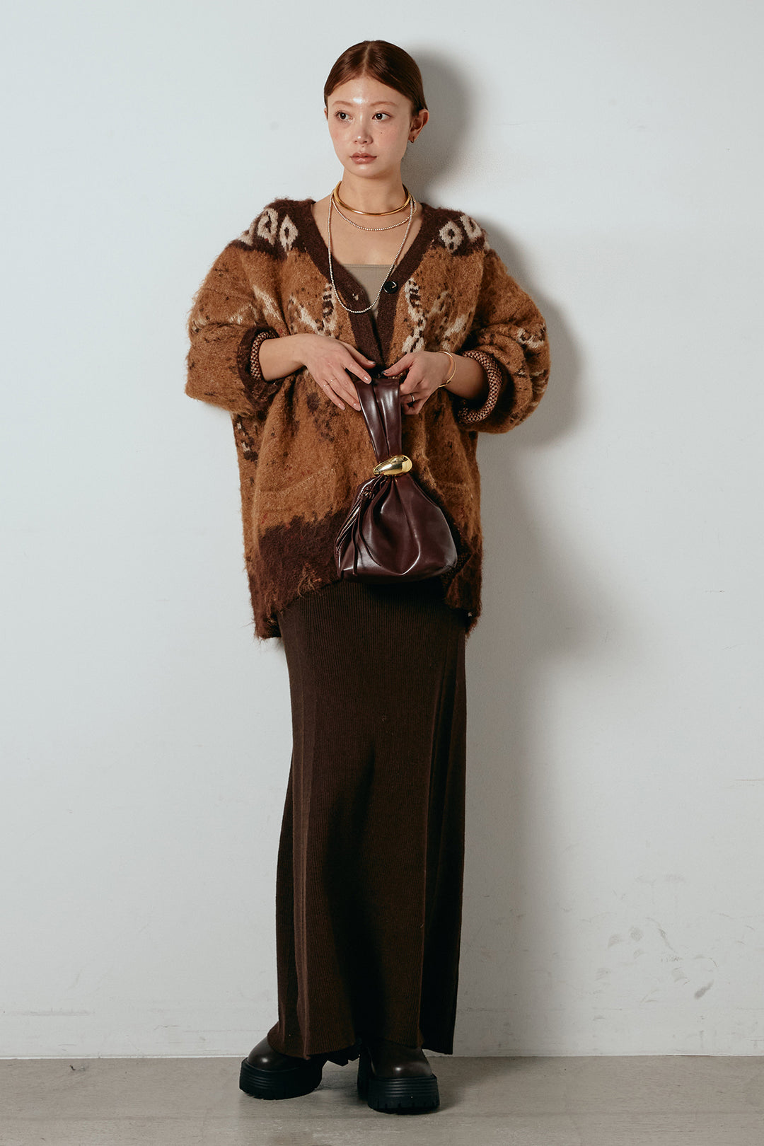 [SET]シャギーニュアンス柄ニットカーディガン+リブナローニットスカート(2set)