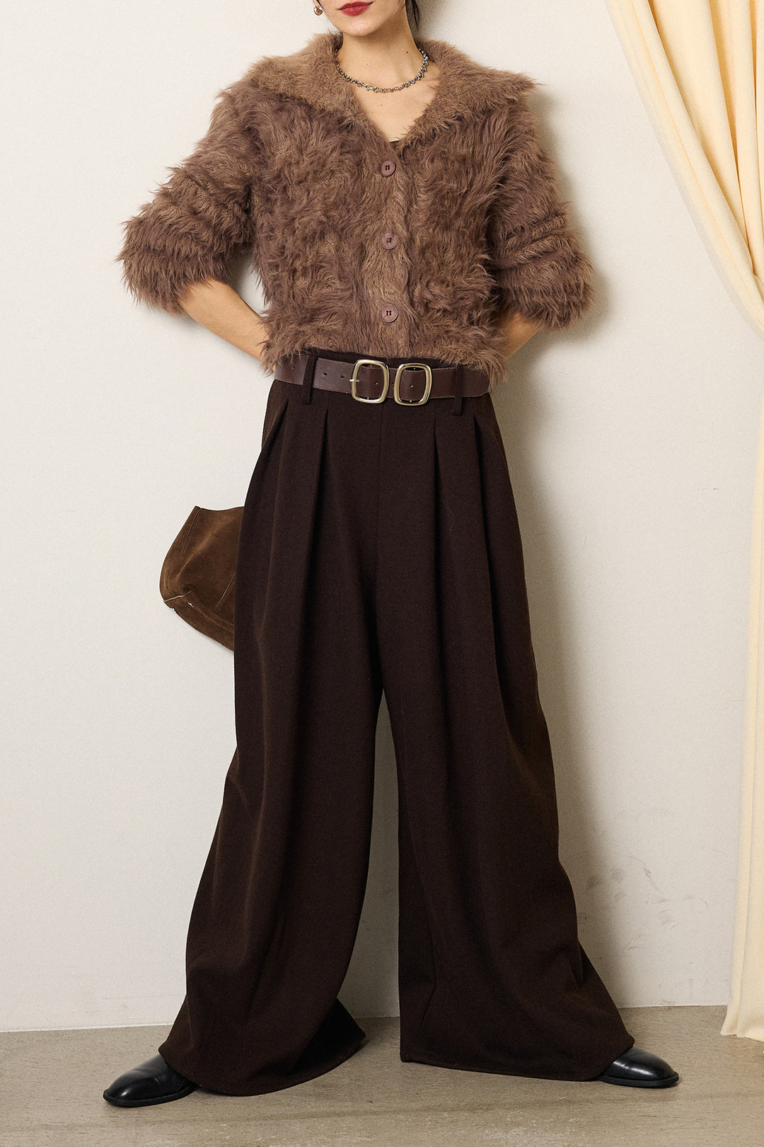 [SET]襟付きシャギーニットカーディガン+フェイクレザー太ベルト付きタックワイドパンツ(2set)