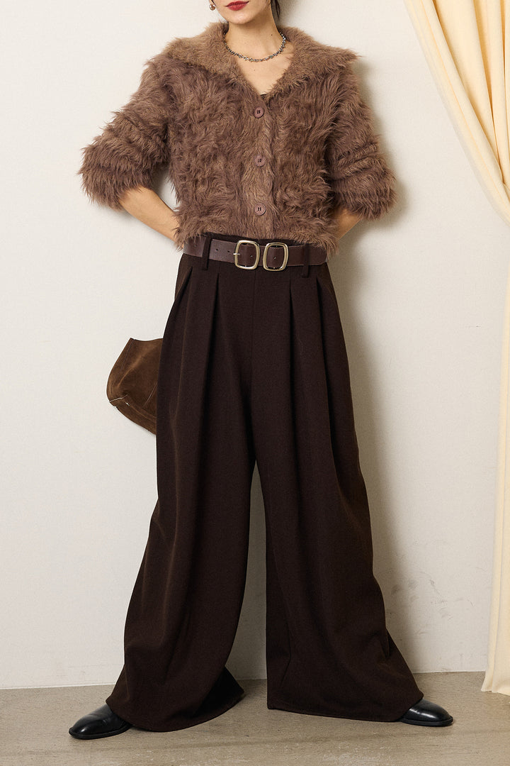 [SET]襟付きシャギーニットカーディガン+フェイクレザー太ベルト付きタックワイドパンツ(2set)
