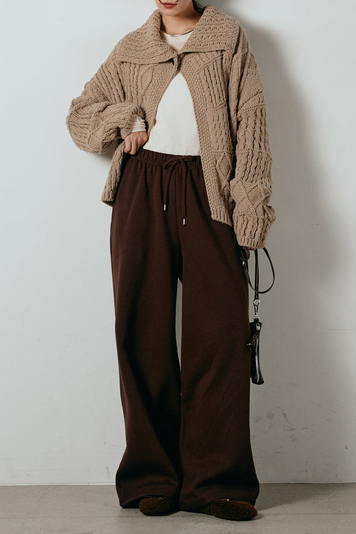 [SET]ビッグカラーケーブル編みニットトップス+2WAY袖コード刺繍クルーネックプルオーバー+裏起毛スウェットワイドパンツ(3set)