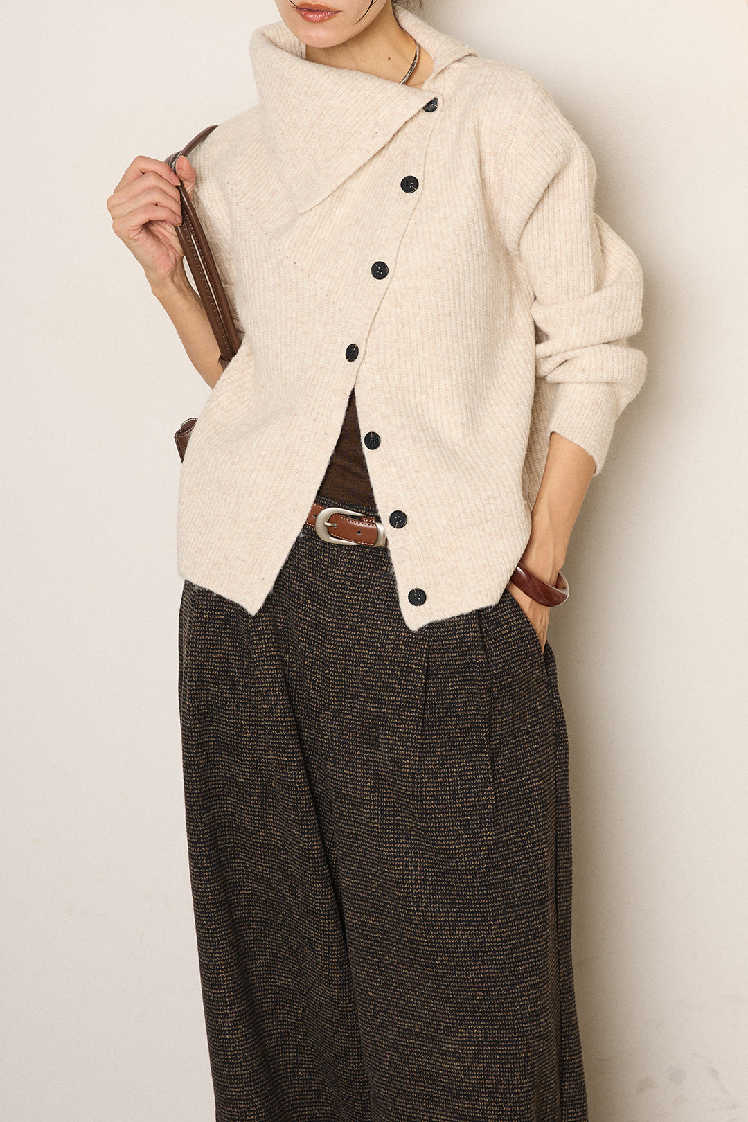 [SET]ボタンデザインネックニットプルオーバー+起毛タック入りツイードワイドパンツ(2set)