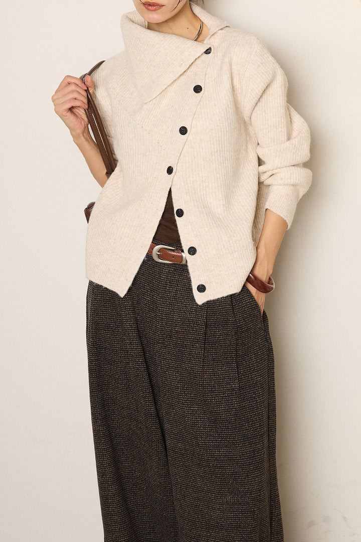 [SET]ボタンデザインネックニットプルオーバー+起毛タック入りツイードワイドパンツ(2set)