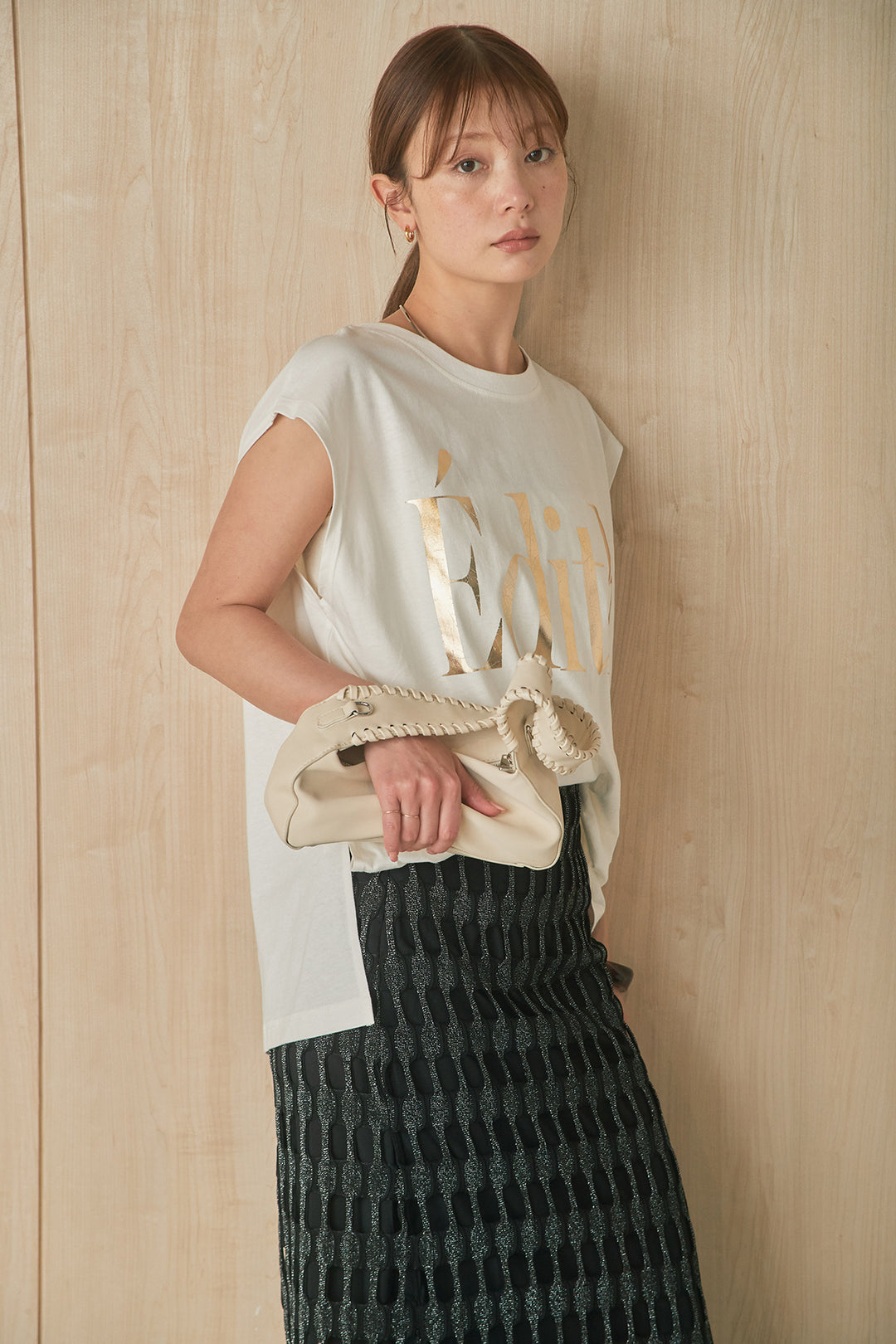 [SET]箔ロゴプリントノースリーブTシャツ+メッシュ編みスカート(2set)