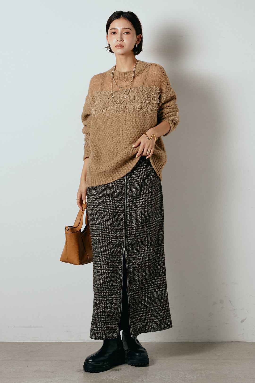 [SET]パターンランダム編みニットトップス+グレンチェック柄フロントジップタイトスカート(2set)