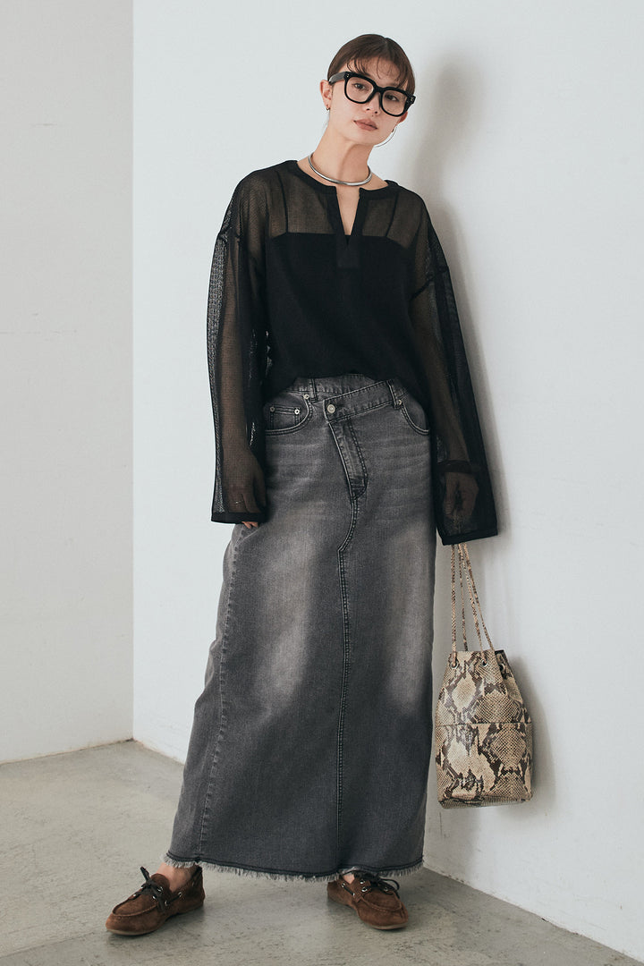 [SET]メッシュカットソースキッパープルオーバー+ウエストクロスデニムタイトスカート(2set)