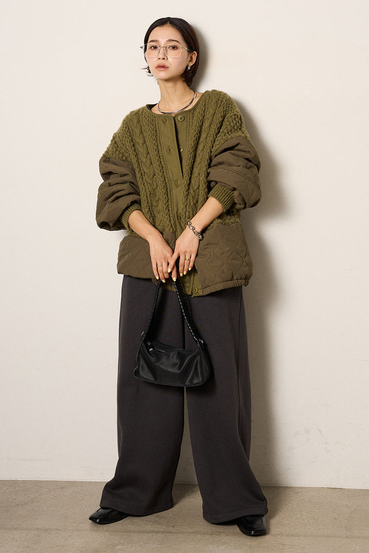 [SET]アラン編みニットノーカラー裾キルティングブルゾン+裏起毛スウェットワイドパンツ(2set)