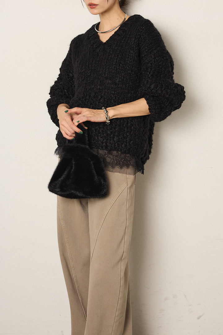 [SET]Vネックハンド編みニットトップス+ベルト付きカジュアルカーブワイドパンツ+レース切り替えキャミソール(3set)