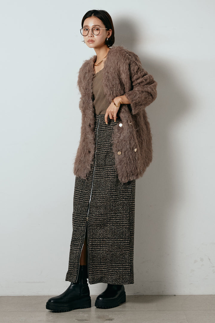 [SET]ウェーブシャギーニットジャケット+グレンチェック柄フロントジップタイトスカート(2set)