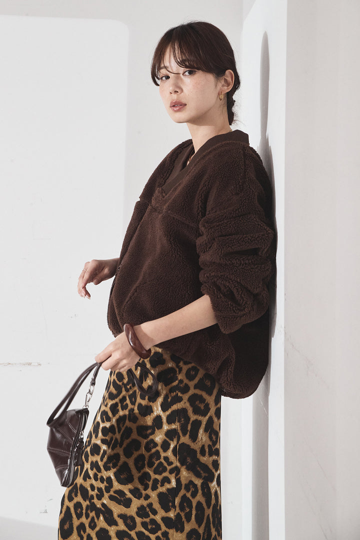 [SET]ノーカラーリブボアアウター+レオパードサテンナロースカート(2set)