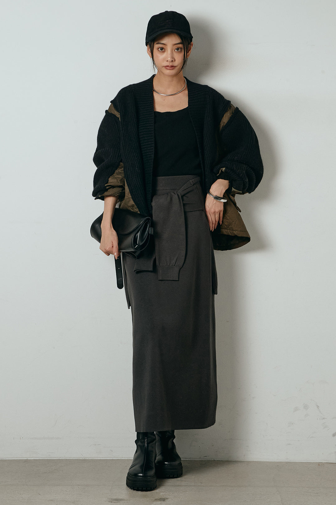 [SET]キルティング切り替えニットカーディガン+ウエストラップ巻きニットスカート(2set)