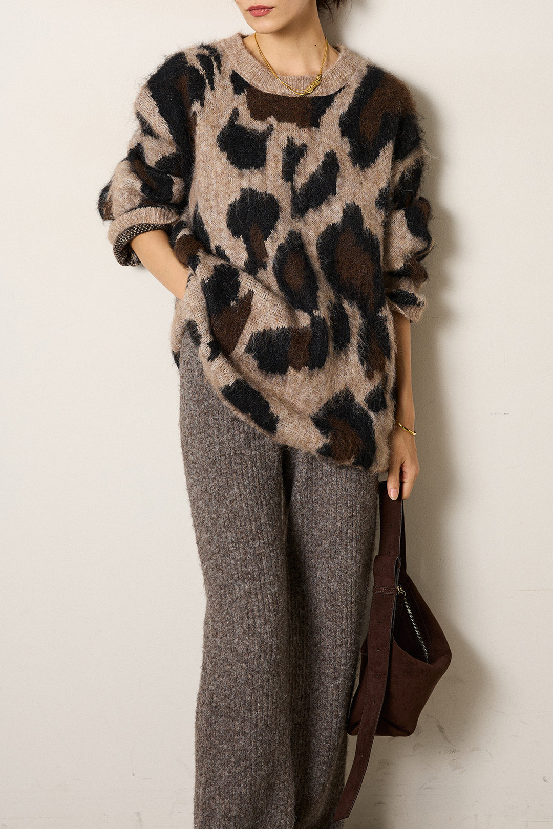 [SET]ルーズアニマルモヘアニットトップス+杢ニットリブフレアパンツ(2set)