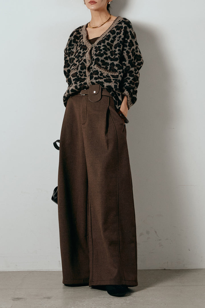 [SET]ステッチデザインレオパードニットカーディガン+ポーチベルト付きカーブパンツ(2set)