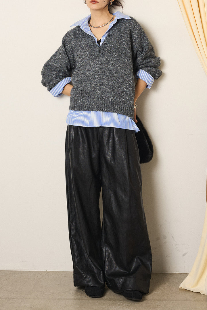 [SET]ストライプシャツドッキングニットポロトップス+ベルト付きレザーライクタックパンツ(2set)