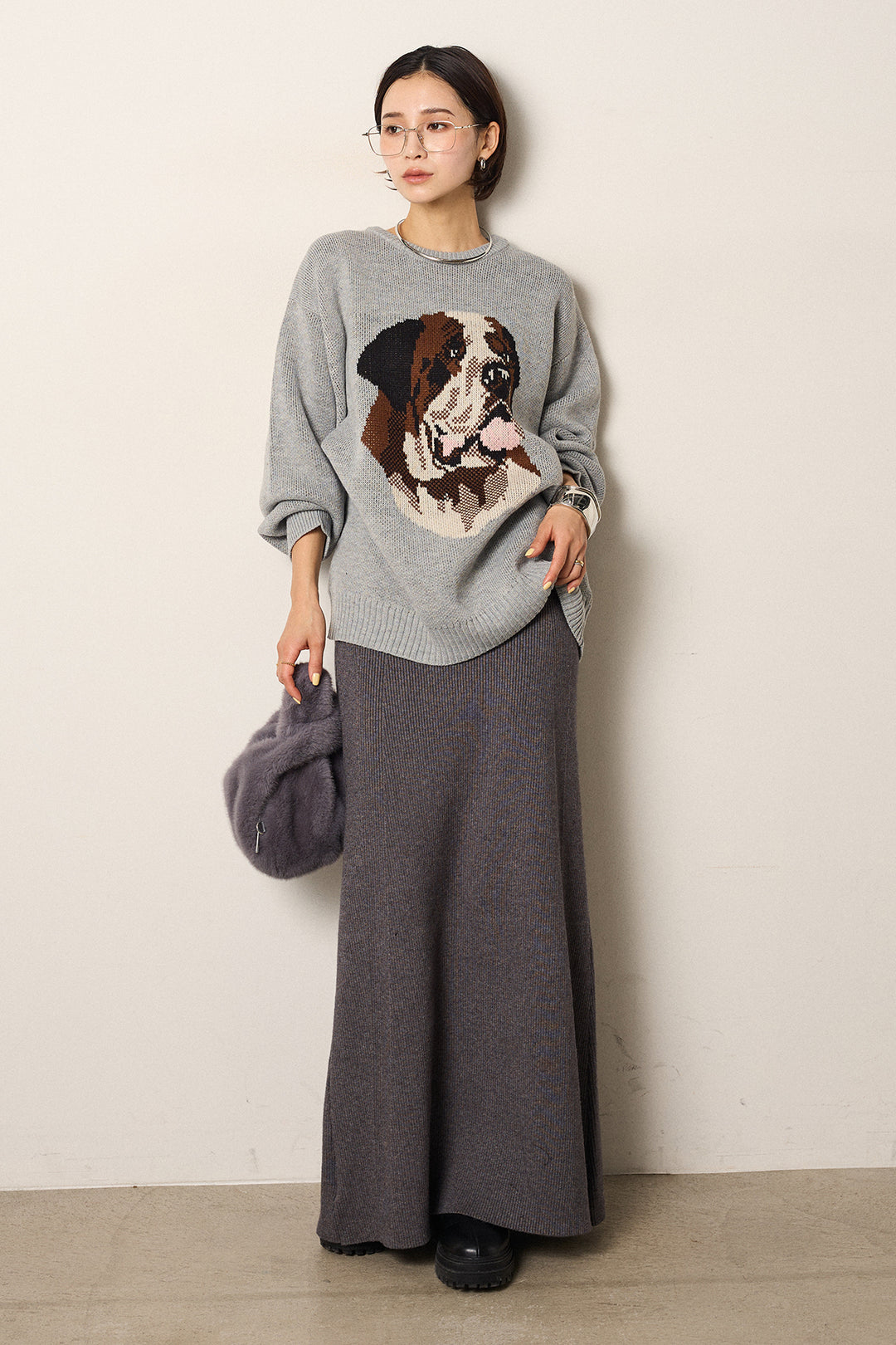 [SET]アニマルジャガード柄ニットトップス+リブナローニットスカート(2set)