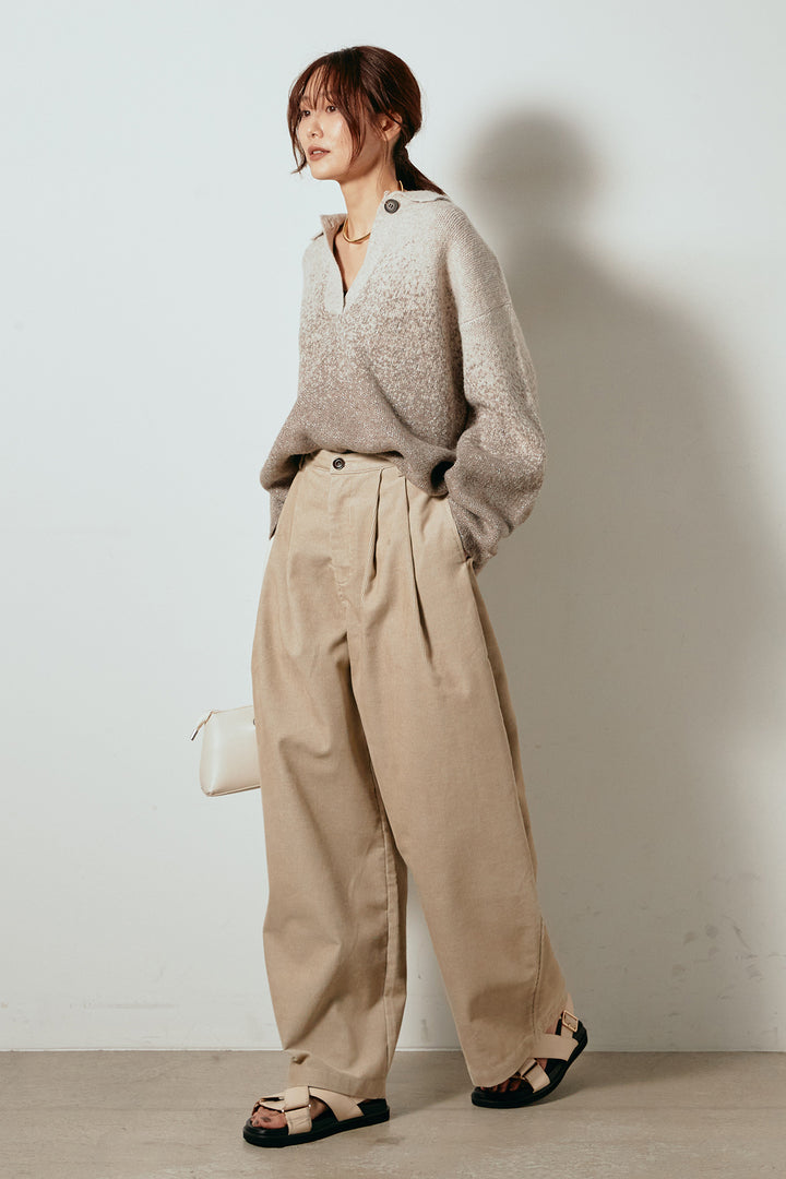 [SET]グラデーションラメニットキーネックプルオーバー+フロントタック入りコーデュロイパンツ(2set)