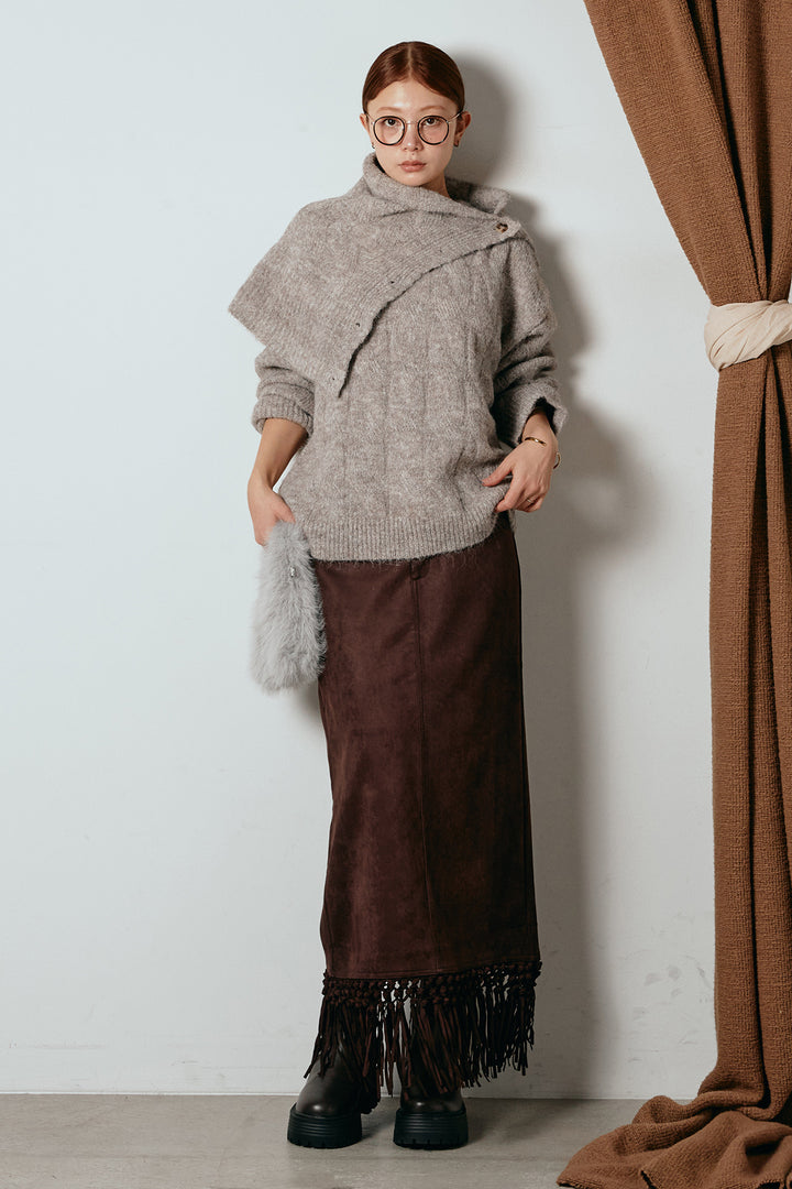 [SET]ケープデザインケーブルニットトップス+スウェードライク裾フリンジスカート(2set)