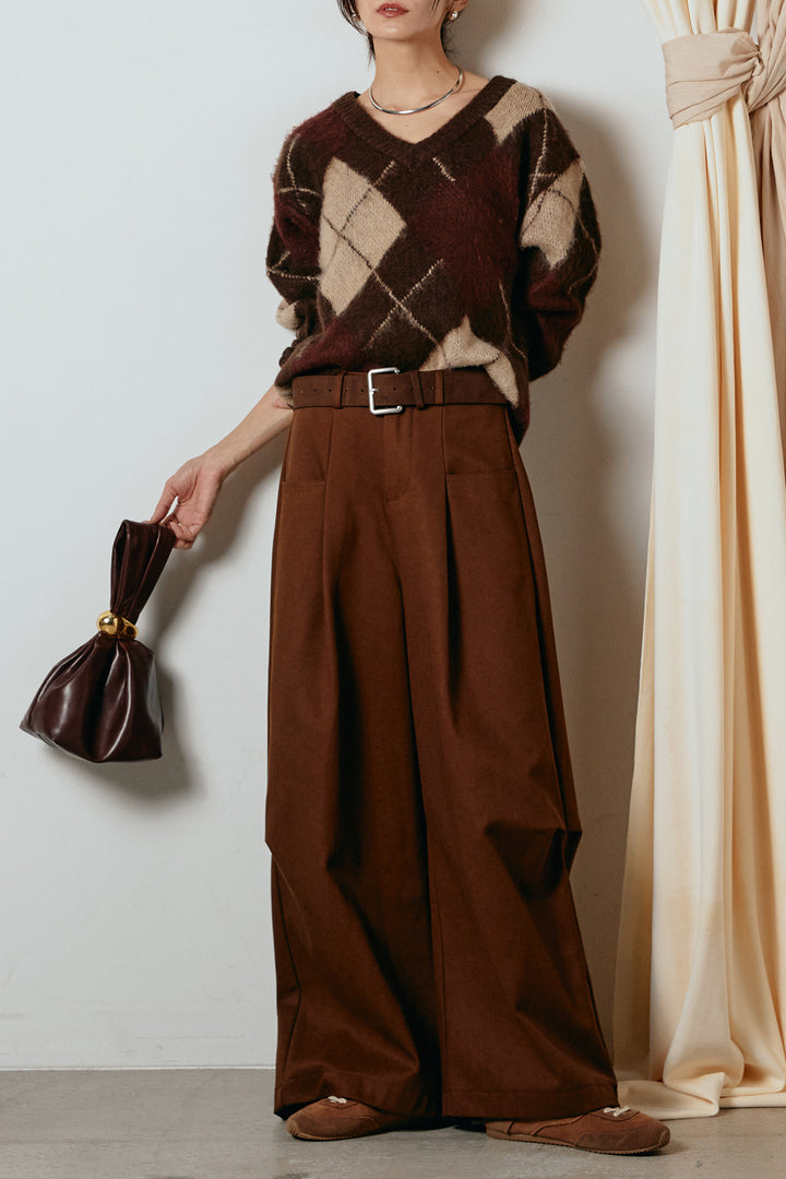 [SET]アクリルモヘアアーガイルVネックプルオーバー+太ベルト付きタックデザインワイドパンツ(2set)