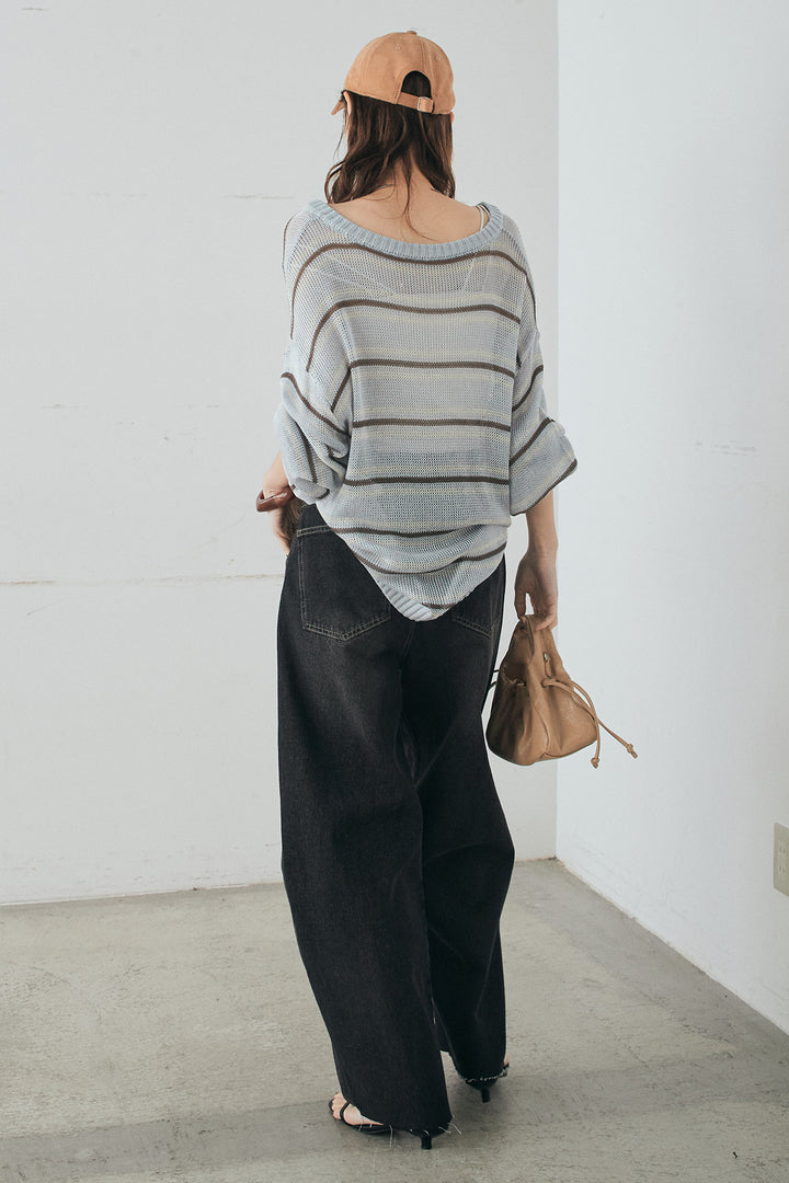 [SET]綿タッチVネックボーダートップス+デニムヨークパンツ(2set)