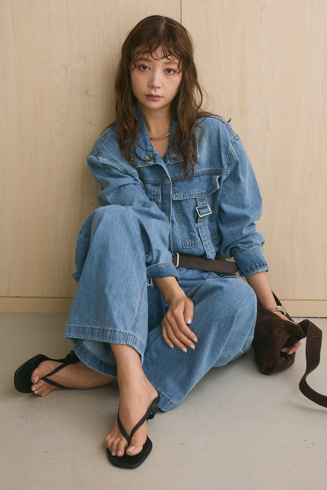 [SET]ベルト付きスタンドネックデニムオールインワン